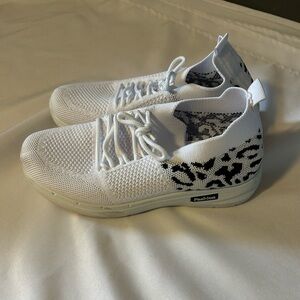 White Knit Women's Slip-On Sneakers with Black Leopard Accent